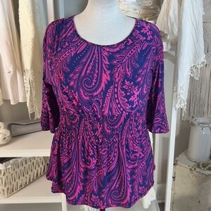 Ace Fashion women's plus size 2X paisly blue & pink blouse, smocked waist #2429